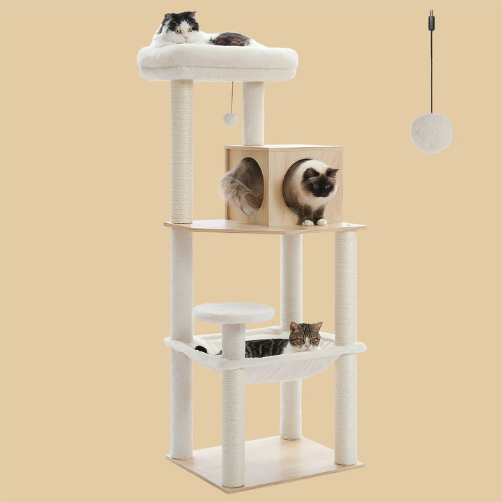 Cat tree with multiple levels and cats on a beige background
