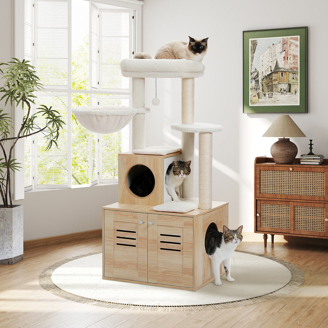 Modern Wooden Cat Tree Tower with Storage Base, Hammock & Dual Condos – Luxury Cat Furniture Canada