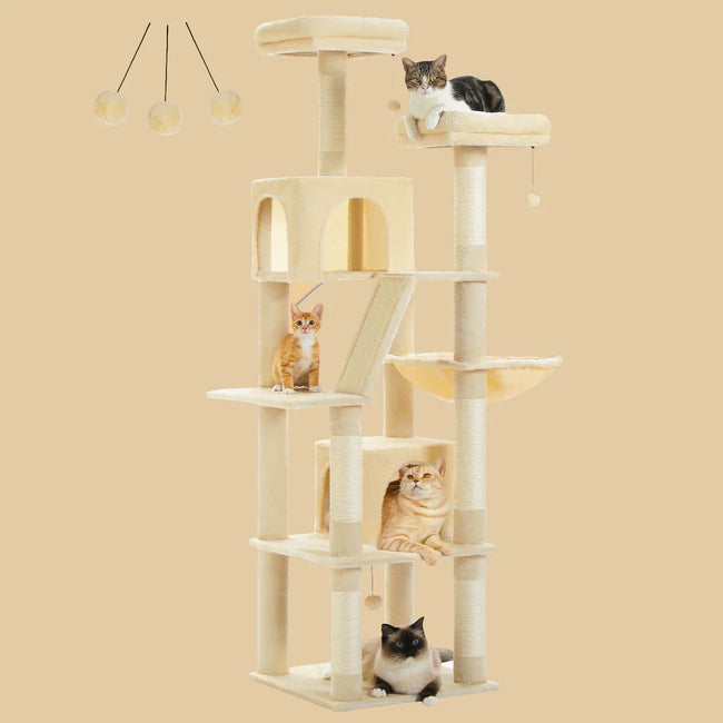 Modern cream cat tree by Catopia Co., shown with multiple cats enjoying hammocks, condos, and platforms. This tall and elegant cat tower is perfect for multi-cat homes in Canada. Canadian business, local shipping only.