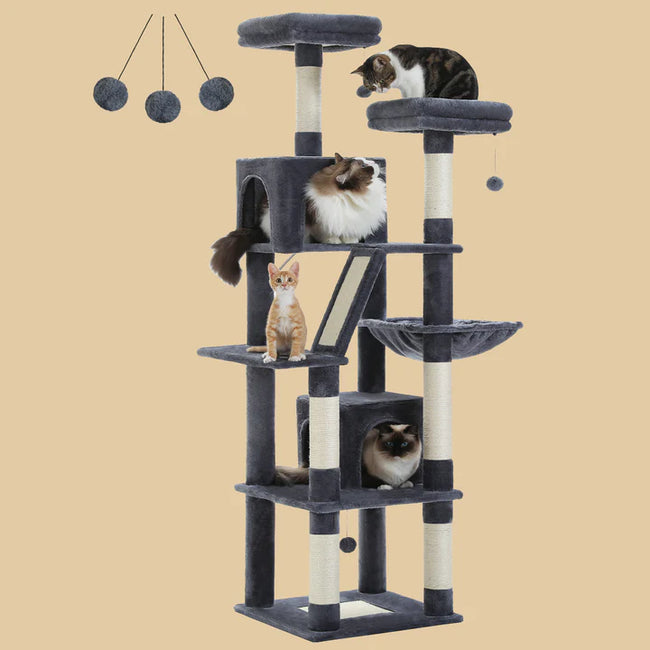Catopia Co.’s tall and elegant cat tower features multiple levels, dual top perches, condos, a hammock, and sisal-wrapped scratching posts — a contemporary cat furniture piece perfect for large cats or families with multiple pets. Proudly Canadian-made and ships only within Canada.