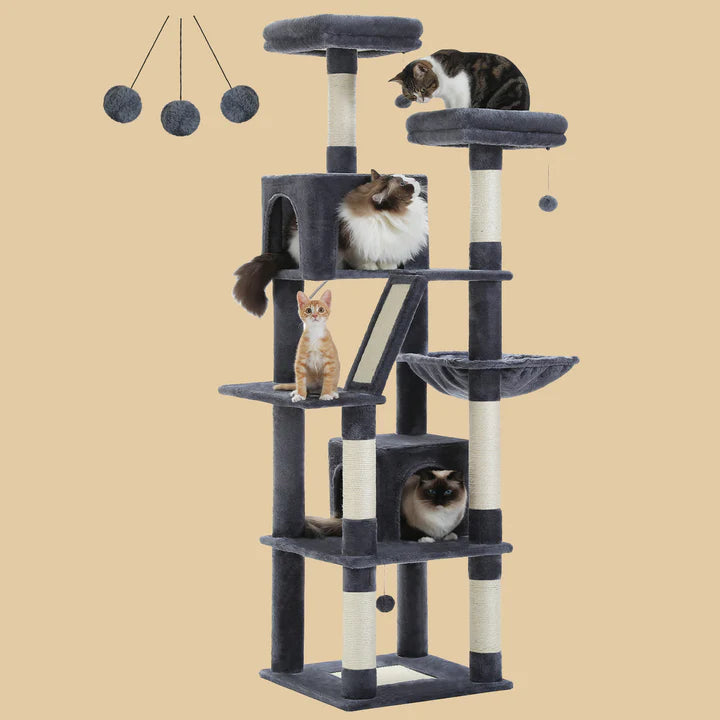 Cat tree with multiple cats on a beige background