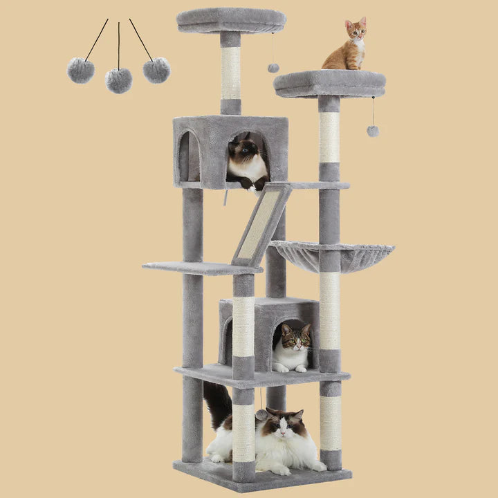 Cat tree with multiple cats on a beige background