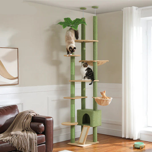 Catopia Co. Canada Floor to Celling Cat tree with multiple levels and a cat sitting on each level in a room. Perfect for hyper cats like orange cats or bengal cats
