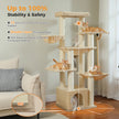Cat tree with multiple levels and platforms in a living room setting, featuring text on stability and safety.  Catopia Co. Canada Extra large cat tree with 13 scratching posts, ideal for large breeds such as Maine Coons. 