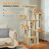 Cat tree with multiple levels and platforms in a living room setting, featuring text on stability and safety.  Catopia Co. Canada Extra large cat tree with 13 scratching posts, ideal for large breeds such as Maine Coons. 