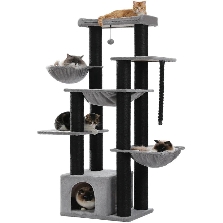 Cat tree with multiple levels and cat perches on a white background