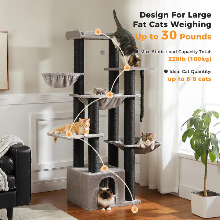 Cat tree with multiple levels and platforms in a living room setting.