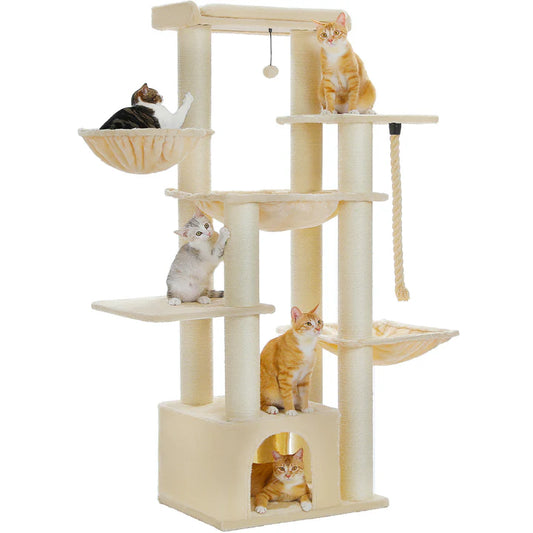 Cat tree with multiple cats on various levels