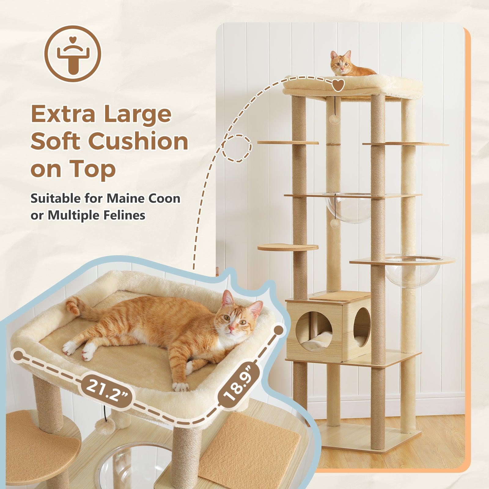 Modern Beige Wooden Cat Tree Tower with Acrylic Bowl & Cozy Top Bed – Luxury Cat Furniture Canada | Catopia Co.
