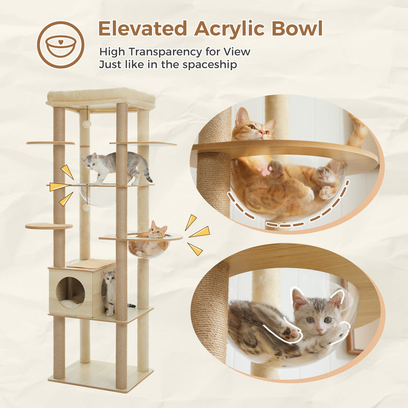 Modern Beige Wooden Cat Tree Tower with Acrylic Bowl & Cozy Top Bed – Luxury Cat Furniture Canada | Catopia Co.