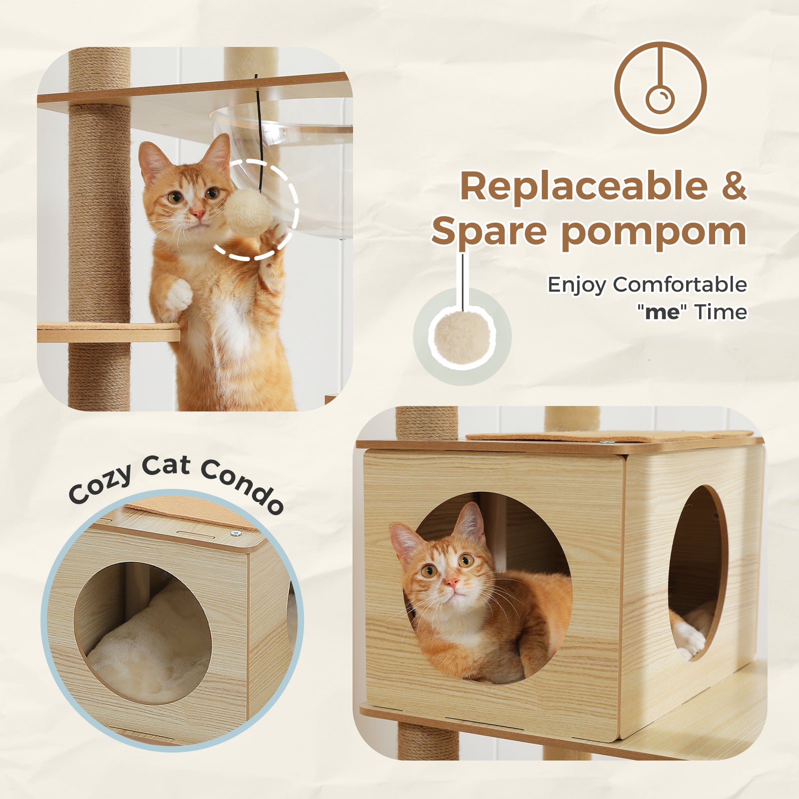 Modern Beige Wooden Cat Tree Tower with Acrylic Bowl & Cozy Top Bed – Luxury Cat Furniture Canada | Catopia Co.