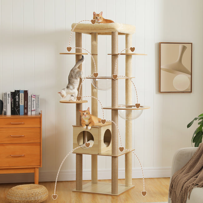 Modern Beige Wooden Cat Tree Tower with Acrylic Bowl & Cozy Top Bed – Luxury Cat Furniture Canada | Catopia Co.