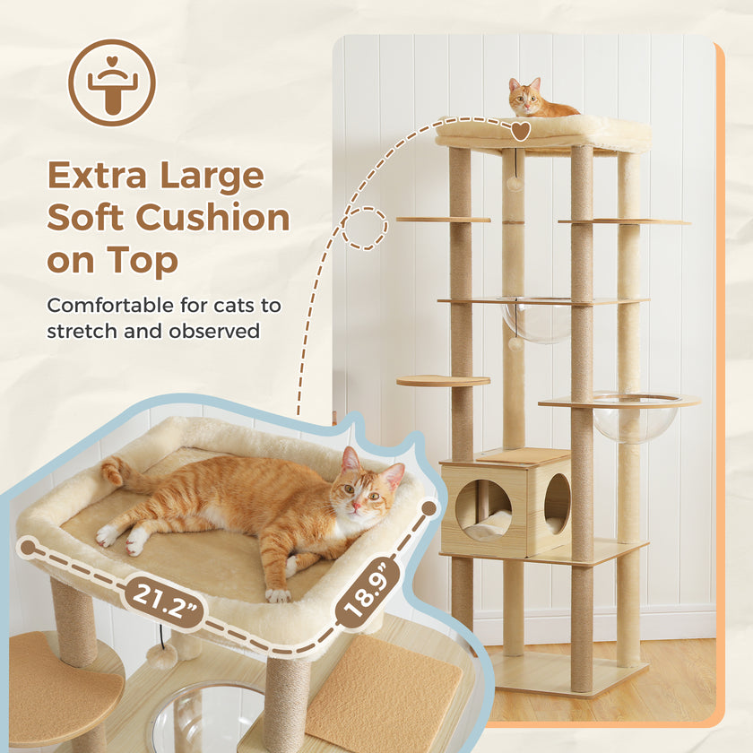 Modern Beige Wooden Cat Tree Tower with Acrylic Bowl & Cozy Top Bed – Luxury Cat Furniture Canada | Catopia Co.