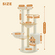 135 cm beige cat tree dimensions showing padded top perch, two hammocks, private condo, wooden platforms, sisal posts, and 54 cm base