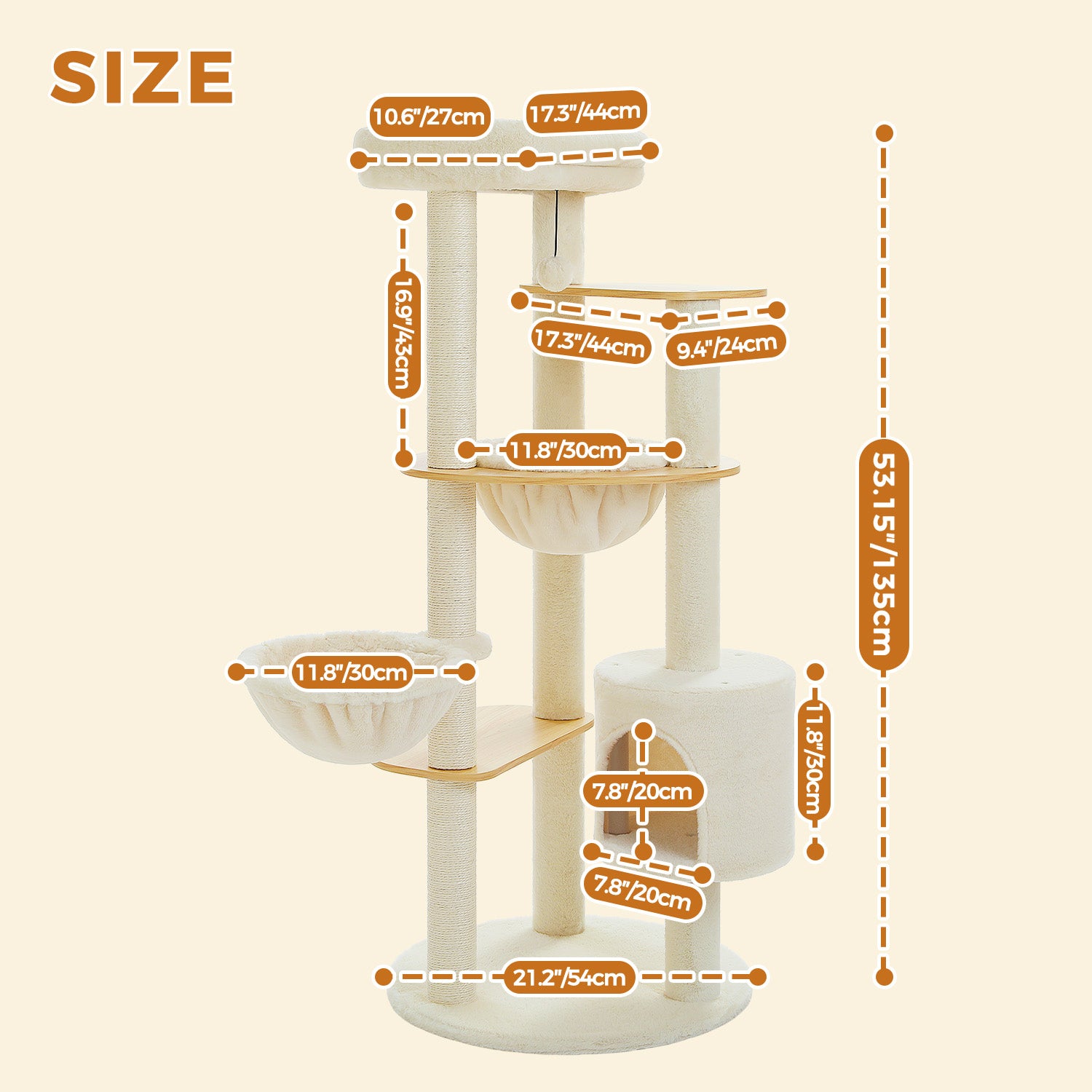 135 cm beige cat tree dimensions showing padded top perch, two hammocks, private condo, wooden platforms, sisal posts, and 54 cm base