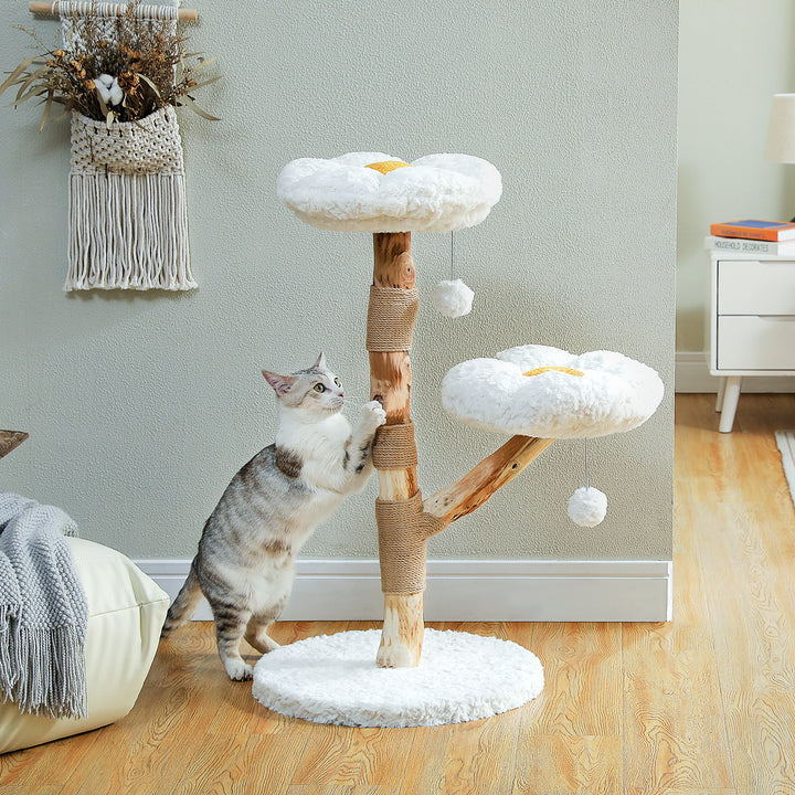 Cat playing with a wooden cat tree in a home setting