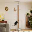 Modern floor-to-ceiling cat tree with clear acrylic bowl, sisal post, wooden platforms, and cats in a living room