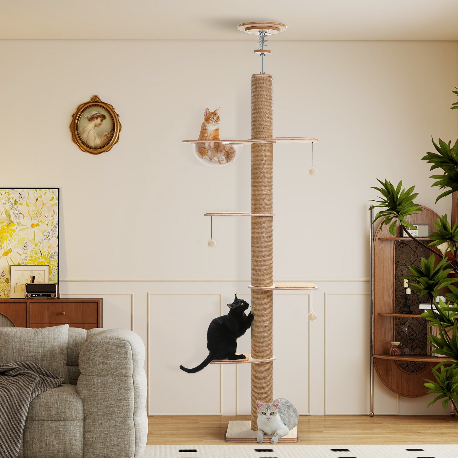 Modern floor-to-ceiling cat tree with clear acrylic bowl, sisal post, wooden platforms, and cats in a living room