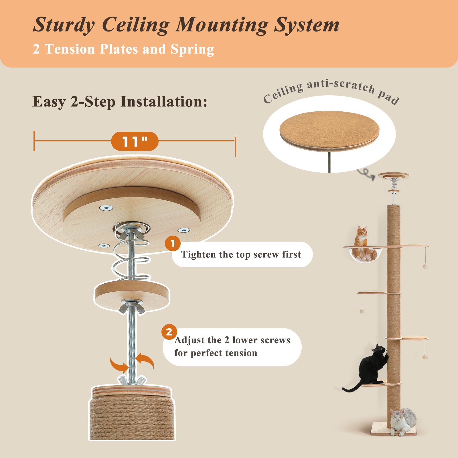 Floor-to-ceiling cat tree ceiling mounting system with dual tension plates, spring mechanism, and ceiling protection pad