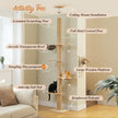 Adjustable floor-to-ceiling cat activity tree with sisal post, acrylic bowl, wooden platforms, hanging pom-pom toys, and cats climbing
