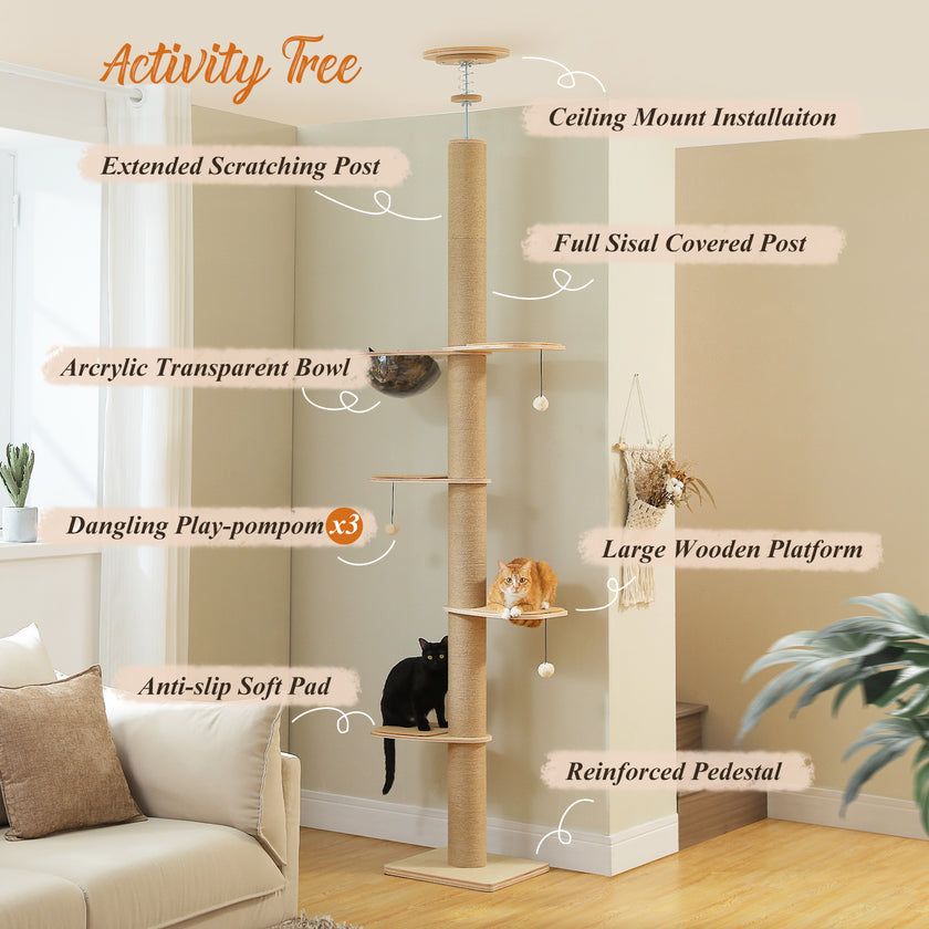 Adjustable floor-to-ceiling cat activity tree with sisal post, acrylic bowl, wooden platforms, hanging pom-pom toys, and cats climbing