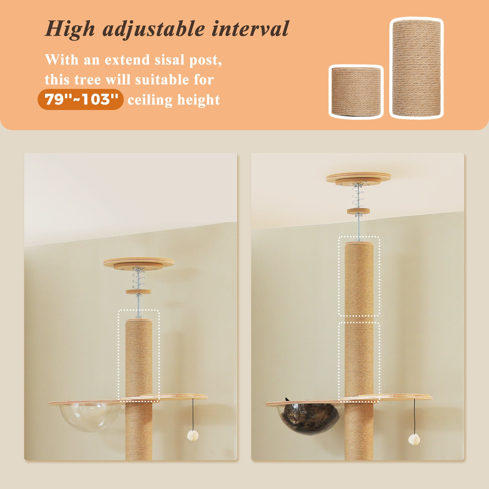 Adjustable floor-to-ceiling cat tree with extendable sisal post for ceilings from 201 to 262 cm high