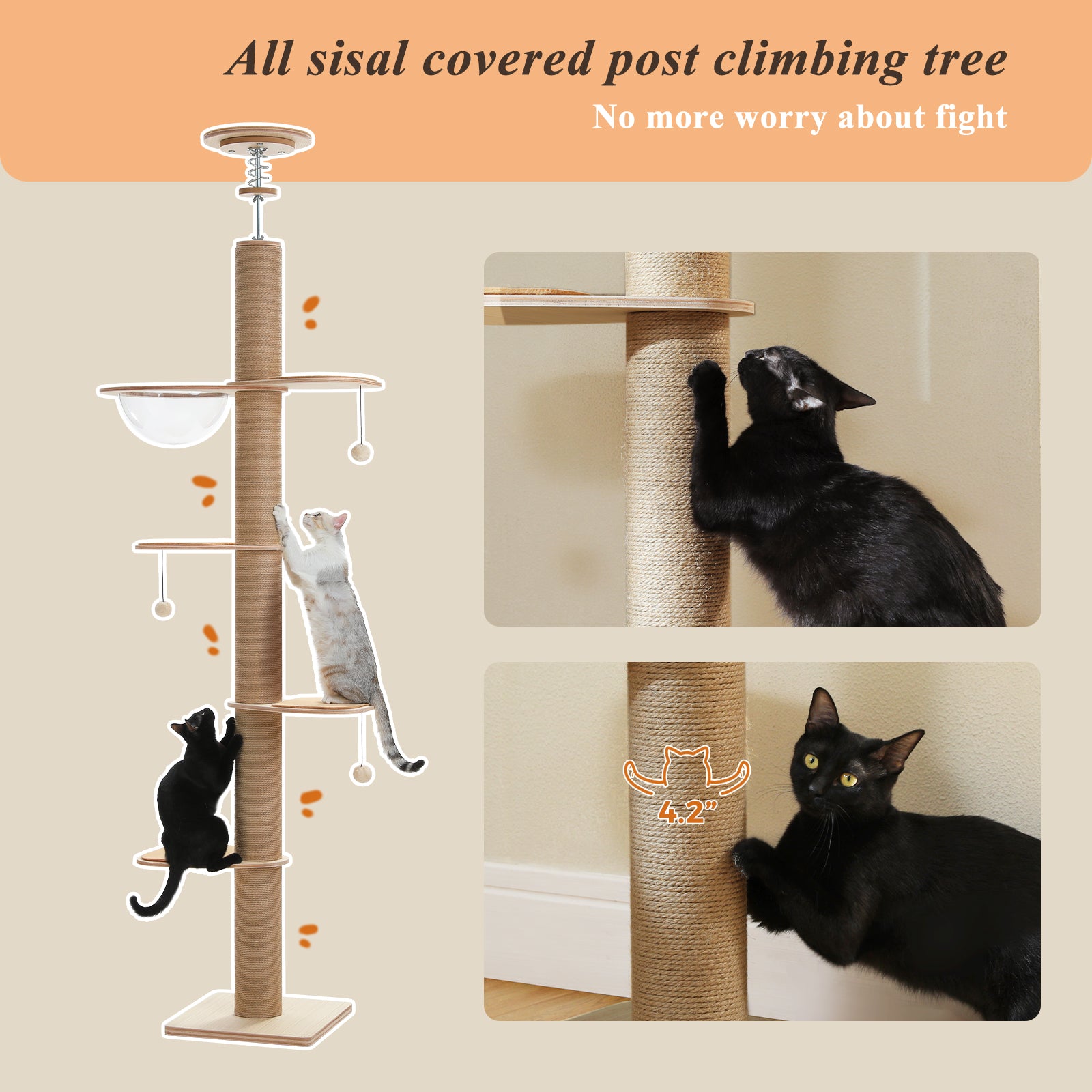 Cat scratching the full-height natural sisal post on a floor-to-ceiling cat tower