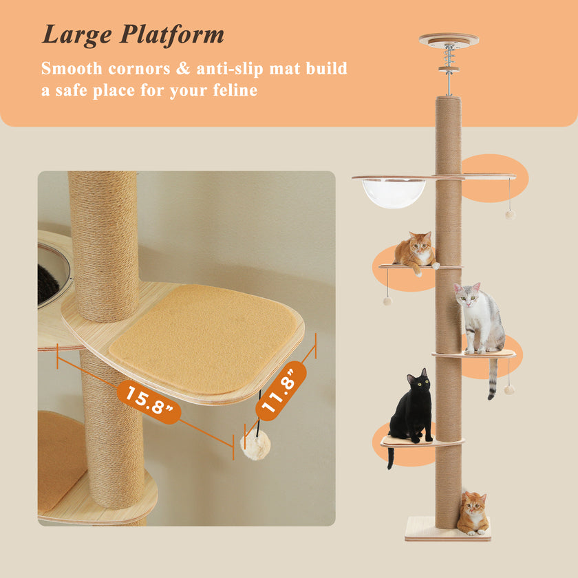 Large wooden cat tree platform with anti-slip mat and hanging pom-pom toy