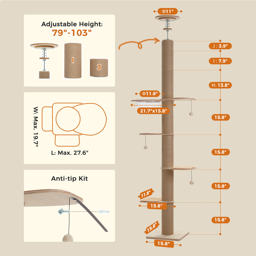 Floor-to-ceiling cat tree dimensions showing adjustable 201 to 262 cm height, 40 cm base, 55 cm top platform, acrylic bowl, and sisal post
