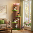 Tall brown flower cat tree with three private condos, green platforms, flower top perch, and cats relaxing beside a window