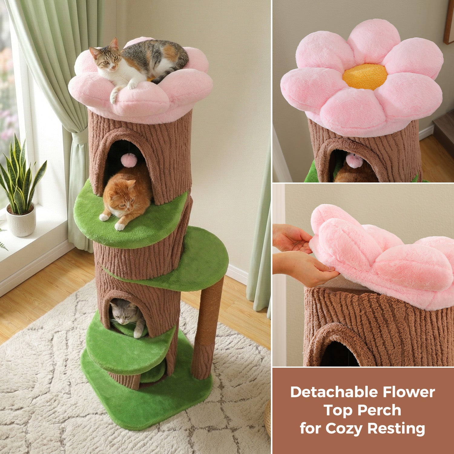 Cat resting on the detachable pink flower-shaped top perch of a tall cat tree with private condo levels