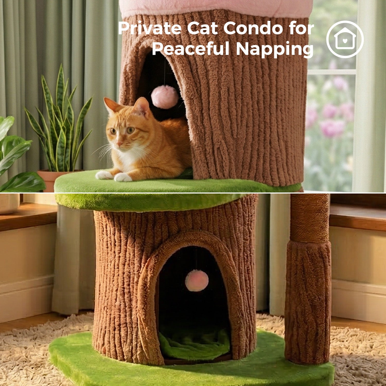 Brown multi-level cat tree with private condo spaces, green platforms, and hanging pink pom-pom toys