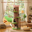 174 cm tall flower cat tree with three condo levels, green platforms, thick base, and sisal scratching post in a living room