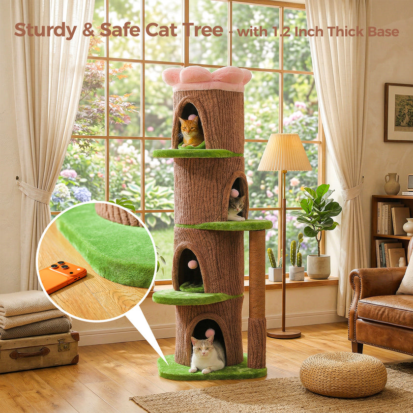 174 cm tall flower cat tree with three condo levels, green platforms, thick base, and sisal scratching post in a living room