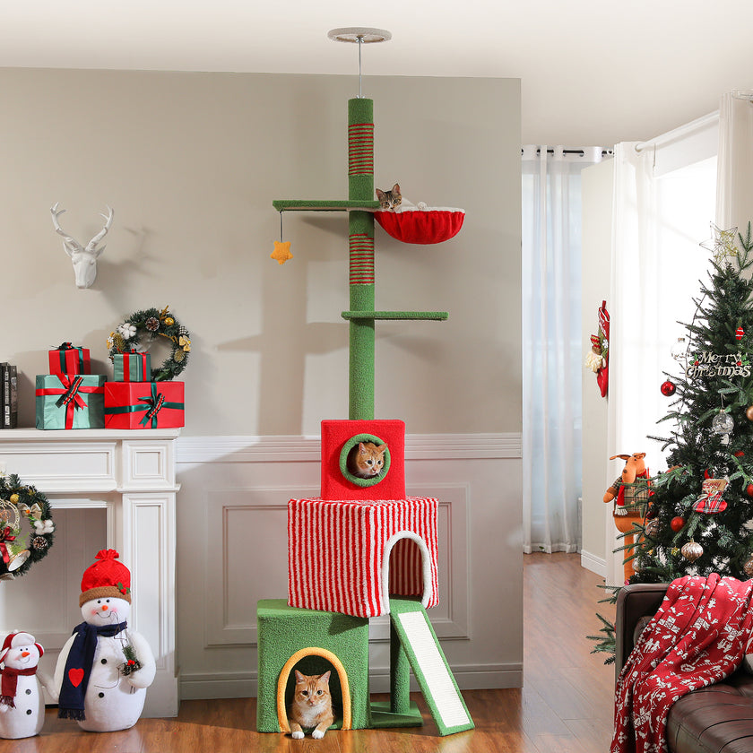 Christmas Gift Box Cat Tree Tower with Three Condos & Ceiling Support – Holiday Cat Furniture Canada | Catopia Co.