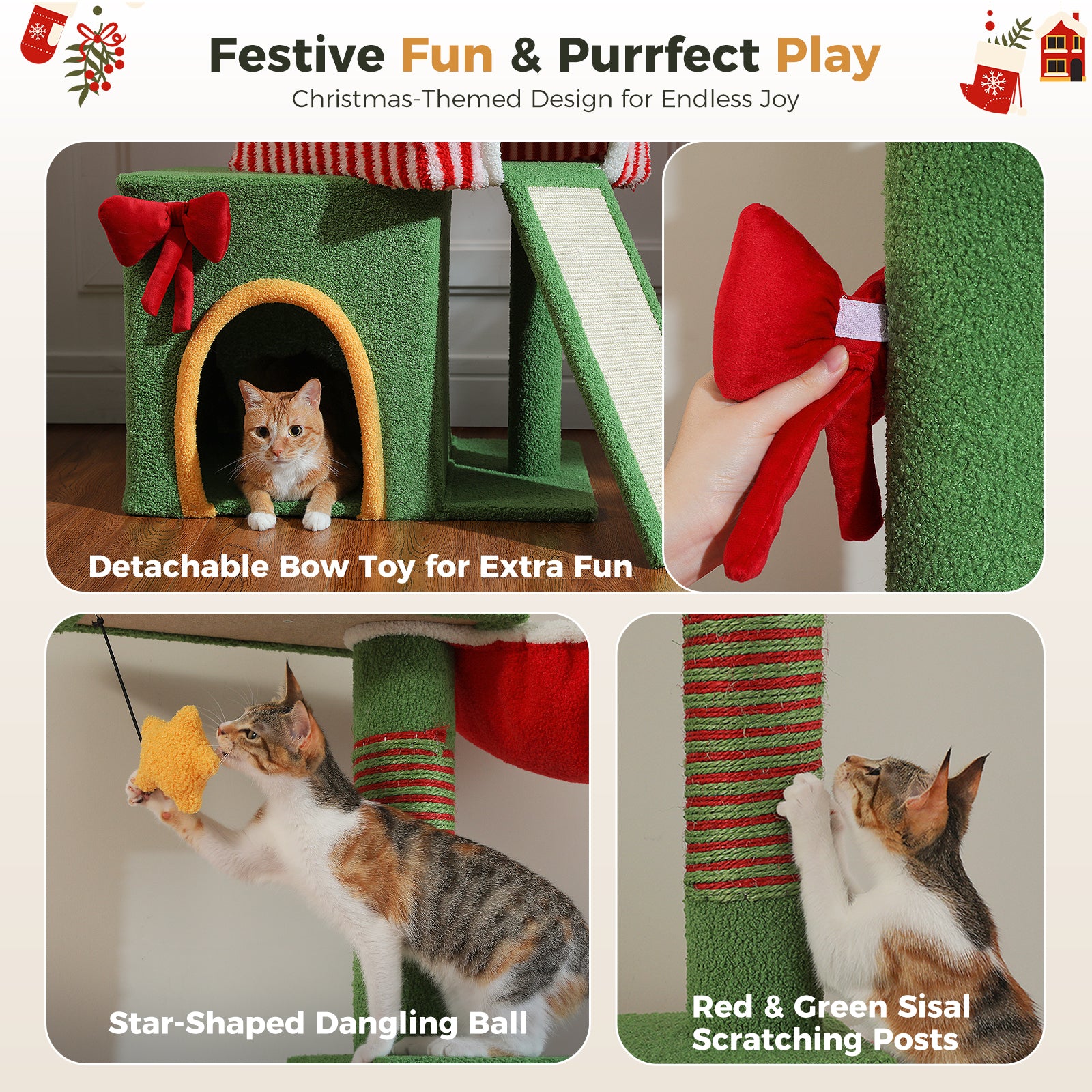 Christmas Gift Box Cat Tree Tower with Three Condos & Ceiling Support – Holiday Cat Furniture Canada | Catopia Co.