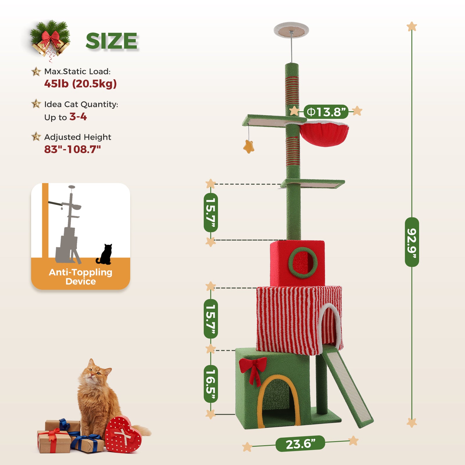 Christmas Gift Box Cat Tree Tower with Three Condos & Ceiling Support – Holiday Cat Furniture Canada | Catopia Co.