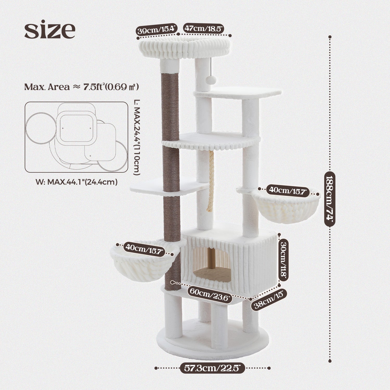 188cm Tall Cat Tree with 2 Hammocks, Condo & Top Perch