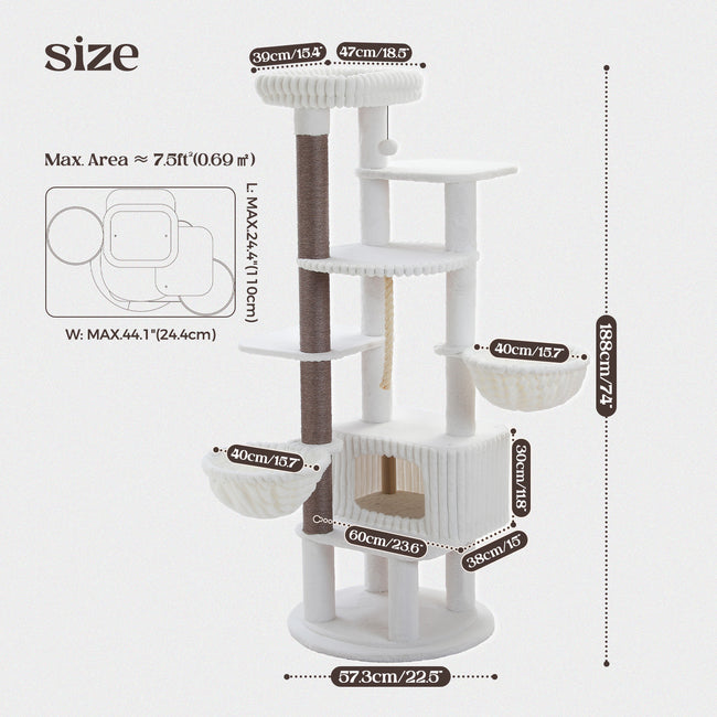 188cm Tall Cat Tree with 2 Hammocks, Condo & Top Perch