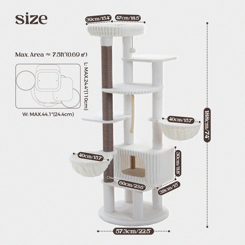 188cm Tall Cat Tree with 2 Hammocks, Condo & Top Perch