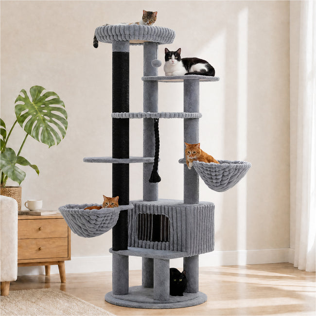 Grey 188 cm tall cat tree with two hammocks, a large private condo, oversized top perch, and black sisal scratching post
