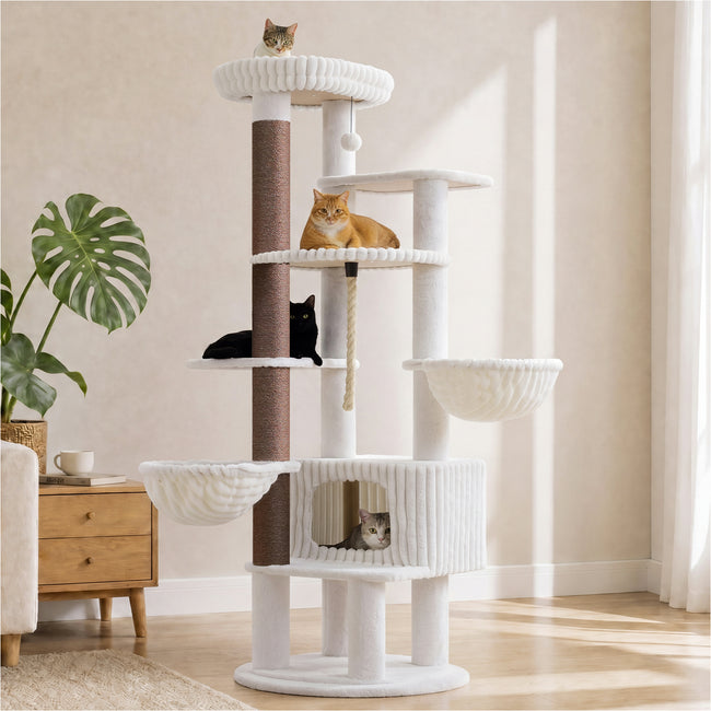 White 188 cm tall cat tree with two hammocks, large condo, padded top perch, and sisal scratching post in a bright living room