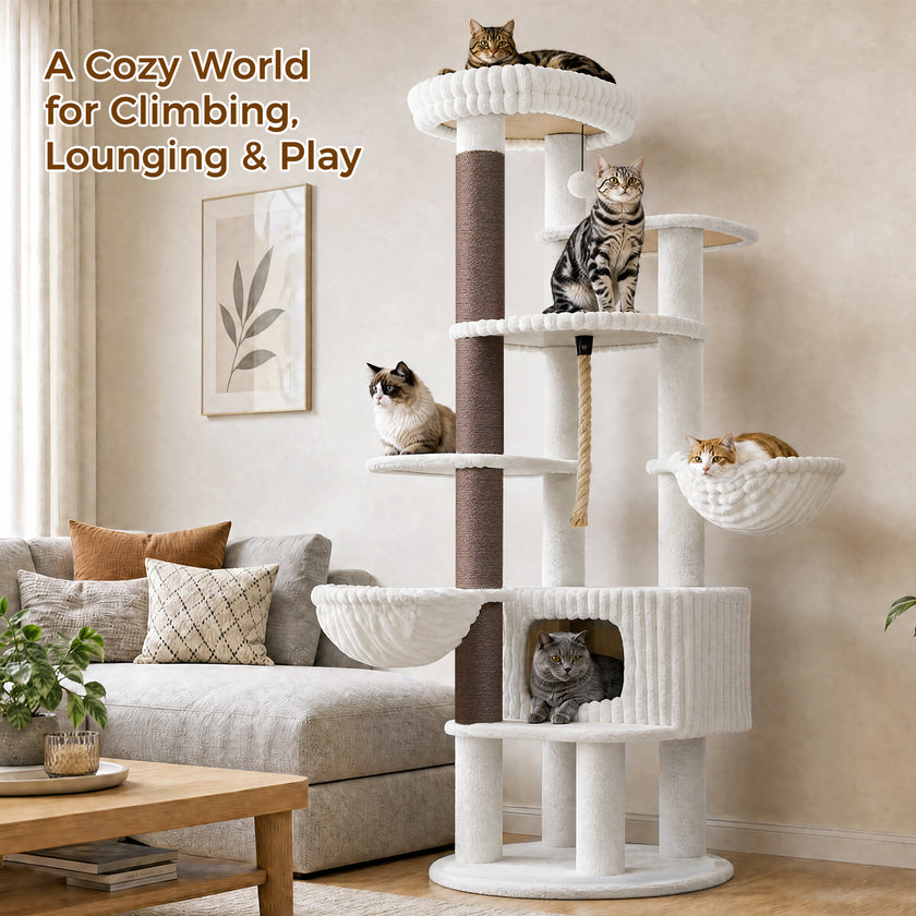 White 188 cm tall cat tree with two hammocks, private condo, oversized top perch, sisal scratching post, and cats resting on multiple levels