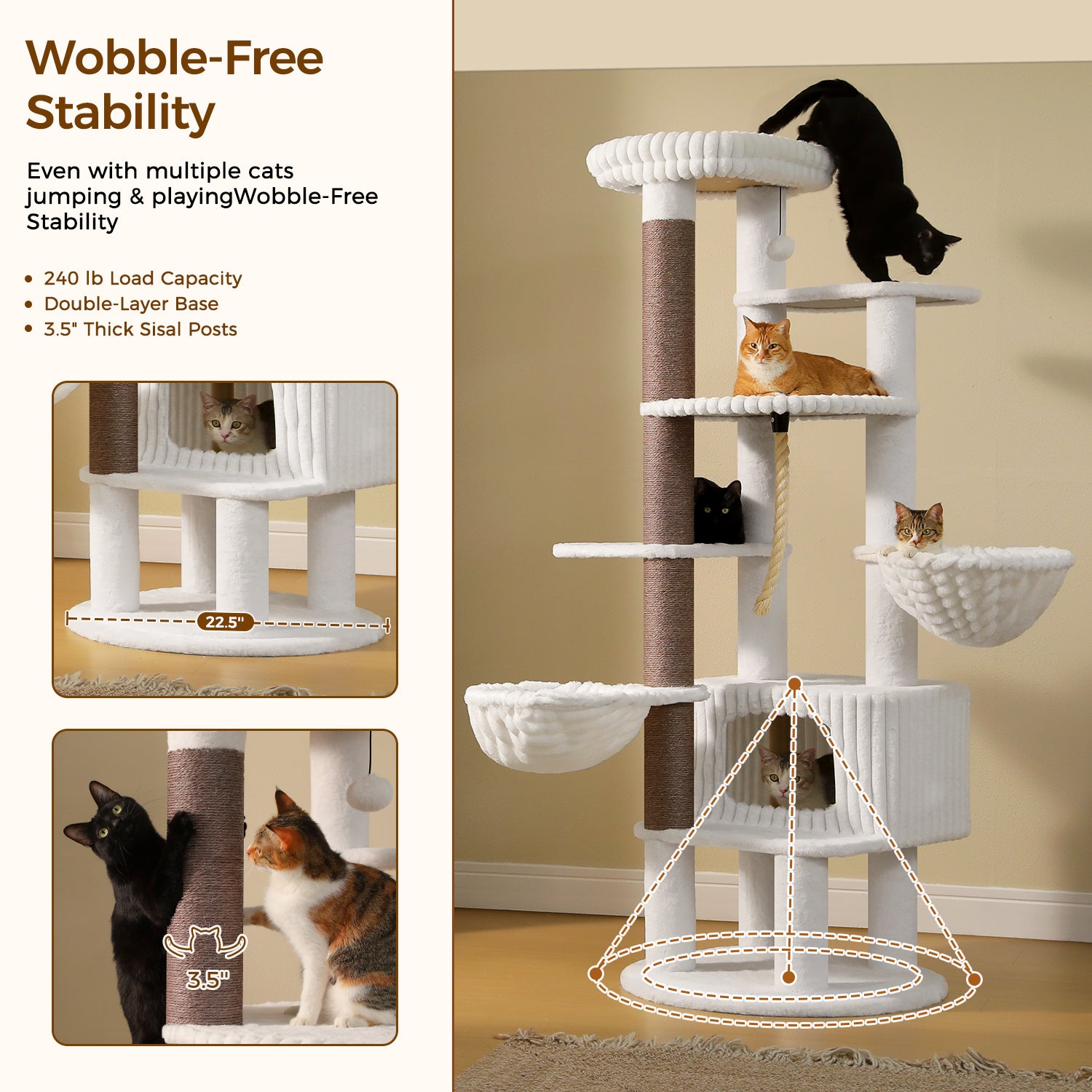 White tall cat tree with a 57.3 cm double-layer round base, 8.9 cm thick sisal scratching post, hammocks, and private condo
