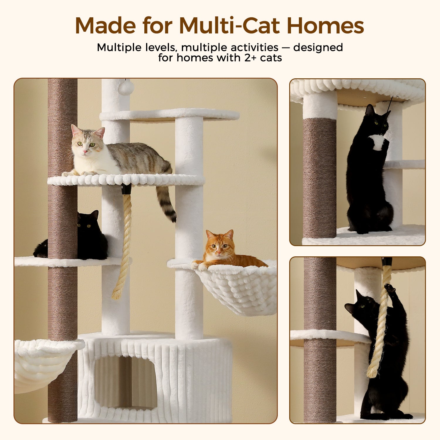 Cats climbing and relaxing on a white multi-level cat tree with a private condo, two hammocks, climbing rope, and sisal post