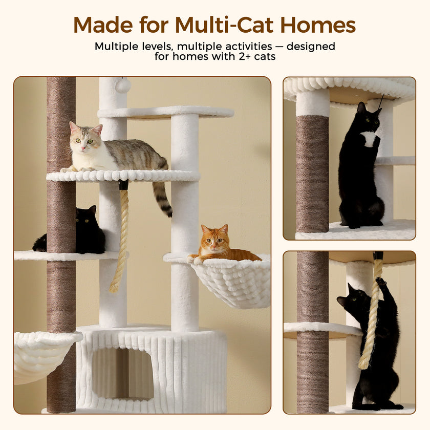 Cats climbing and relaxing on a white multi-level cat tree with a private condo, two hammocks, climbing rope, and sisal post