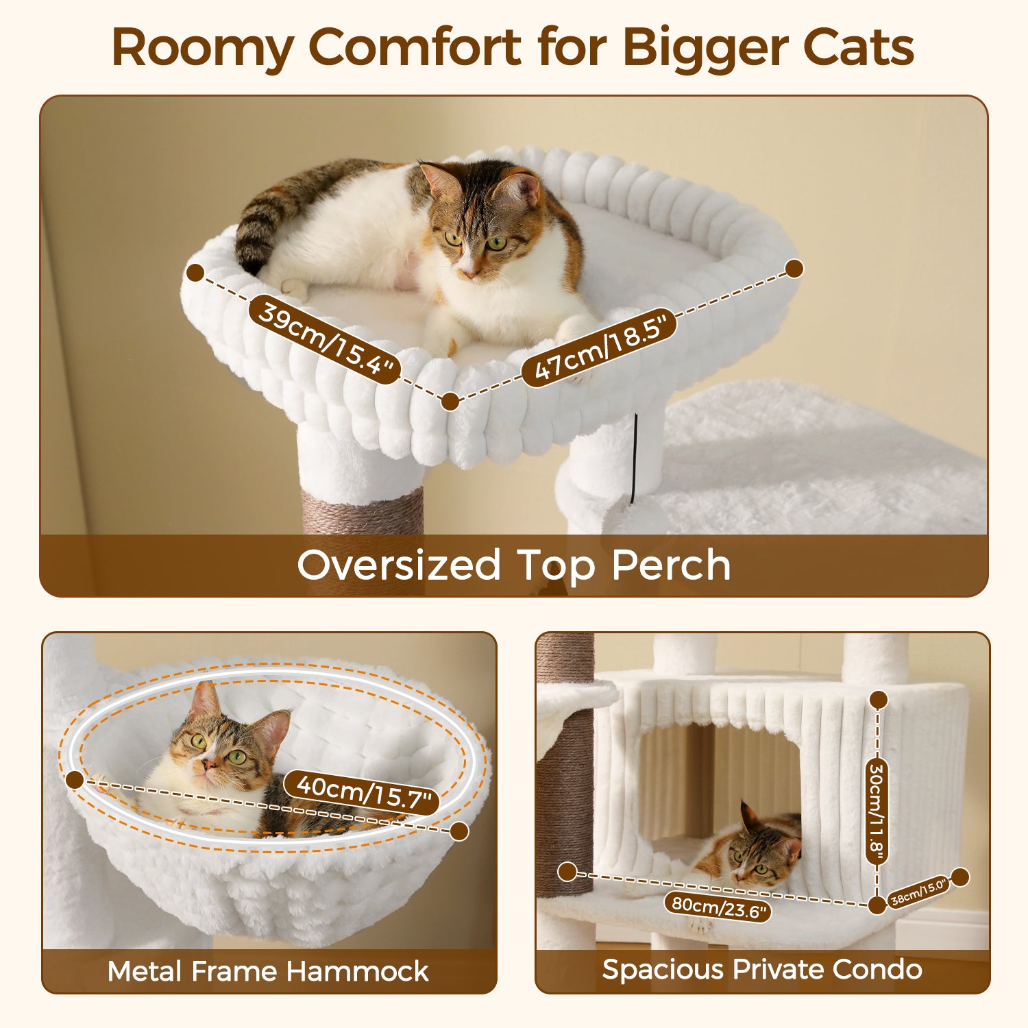 White cat tree showing a 47 × 39 cm top perch, 40 cm metal-frame hammock, and 60 × 38 × 30 cm private condo