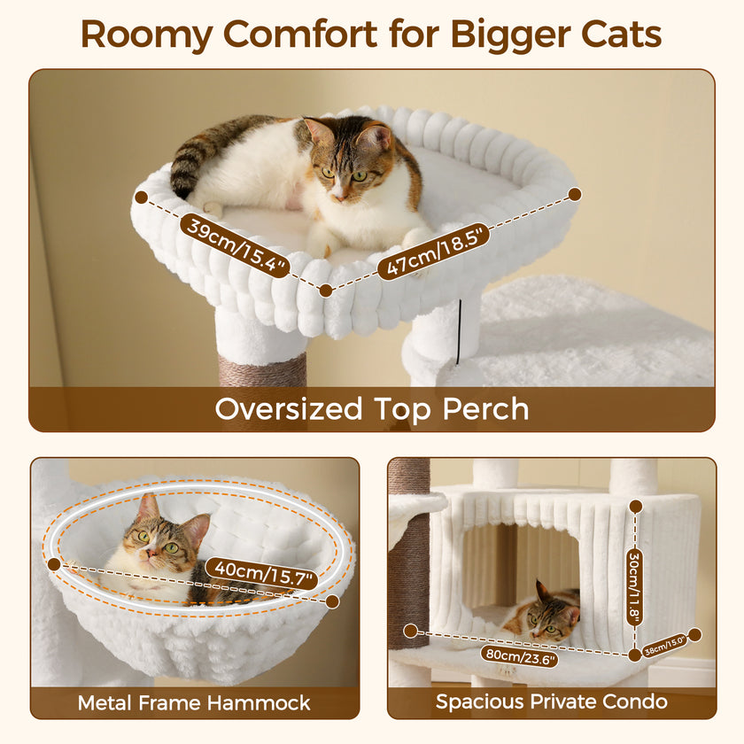 White cat tree showing a 47 × 39 cm top perch, 40 cm metal-frame hammock, and 60 × 38 × 30 cm private condo