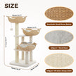 White rattan cat tree with three plush-lined woven baskets, 111 cm height and 48 cm square base dimensions
