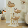 Two cats resting on a white rattan cat tree with three elevated basket beds and natural sisal posts